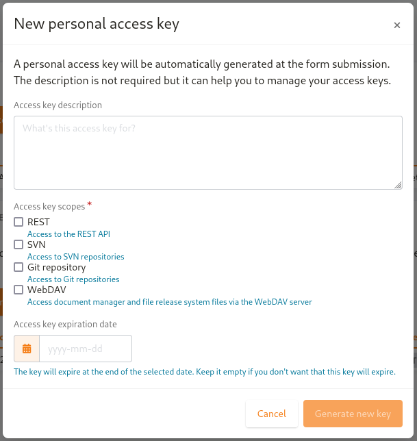 Modal for access key generation