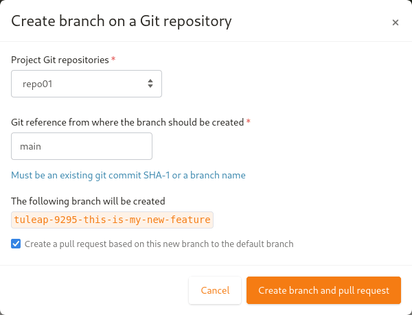 Artifact action create Git branch and pull request modal