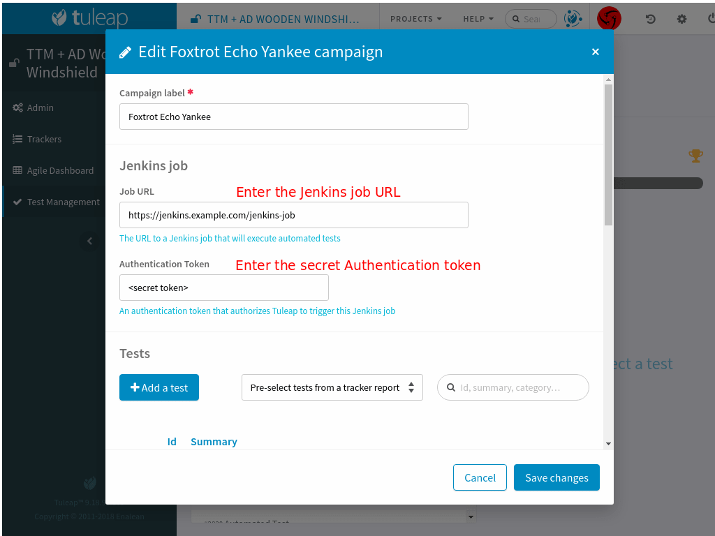 Configure the Test campaign and enter the Jenkins job URL and token