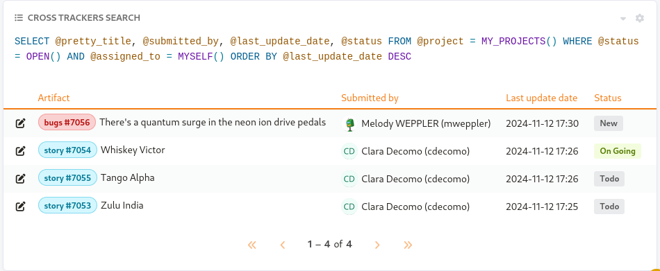 Example of dashboard with cross-tracker widget