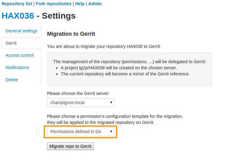 Migrate a project to gerrit with default permissions