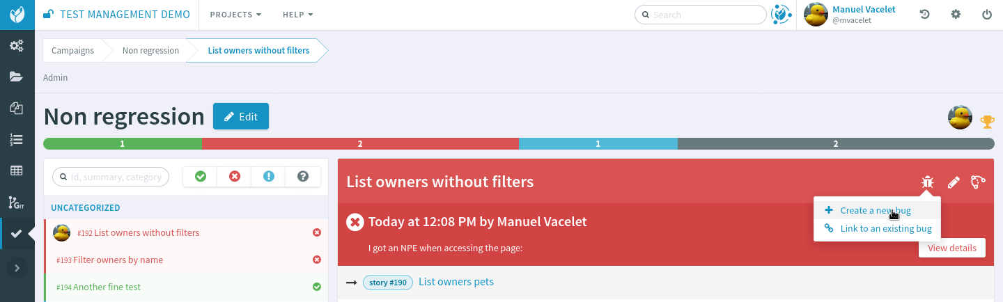 Create a bug out of a failed test