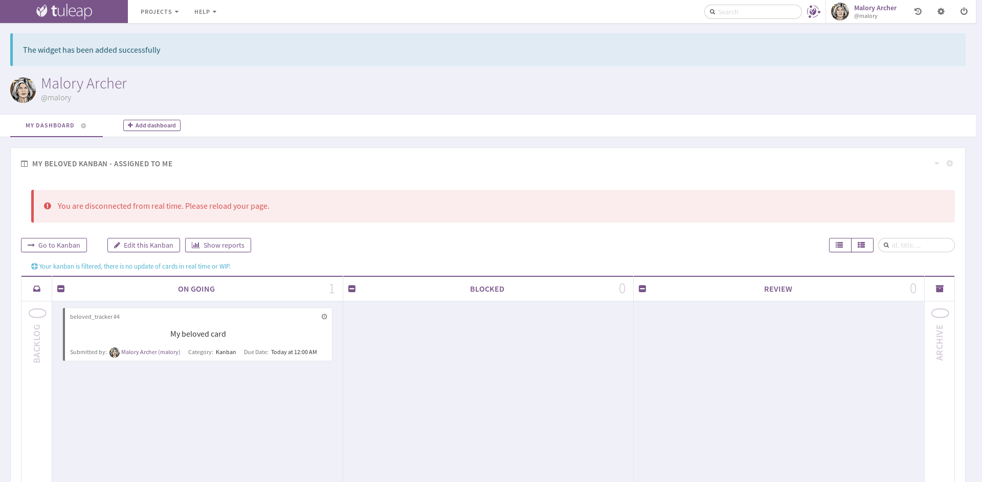 Filtered kanban widget