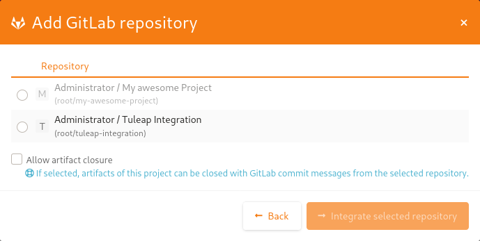 Modal to choose GitLab repository