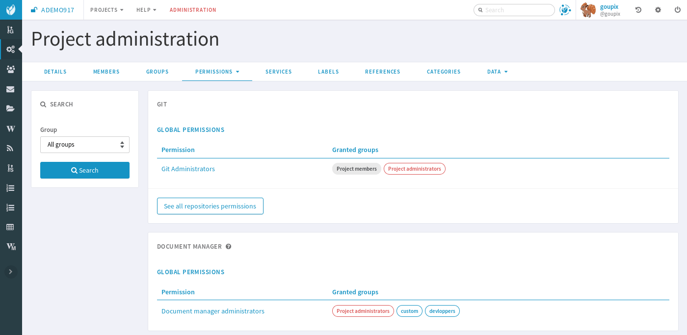 Permissions per group screen