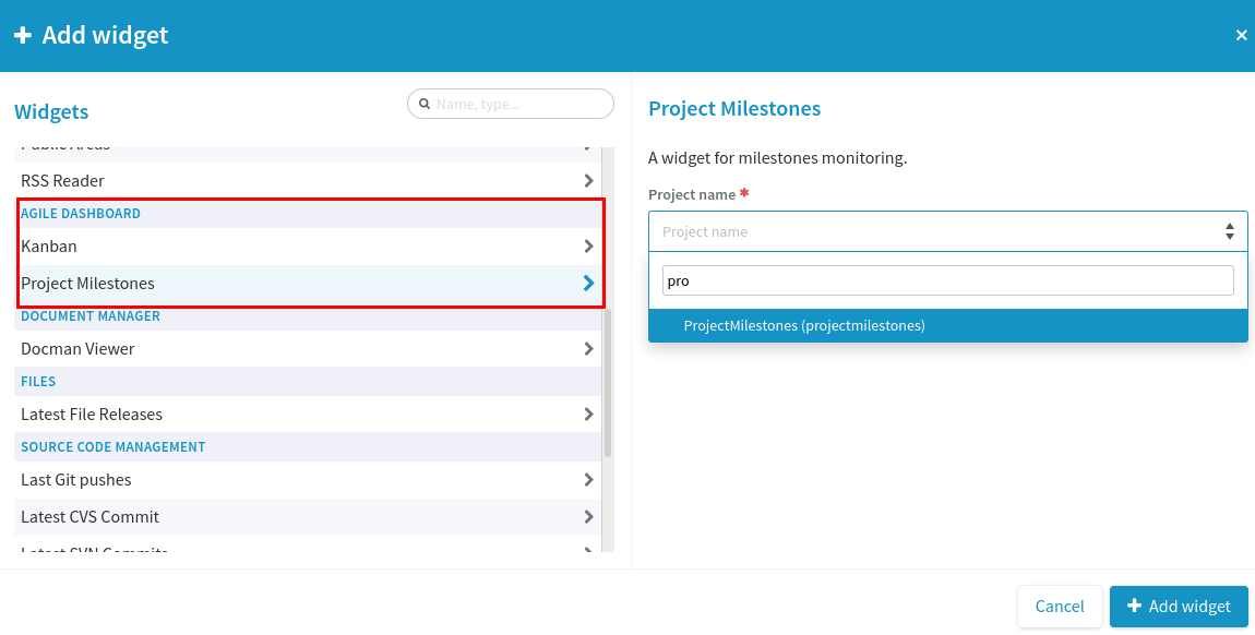 Project Milestones add widget