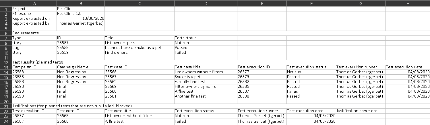 Sample of a test management XLSX report