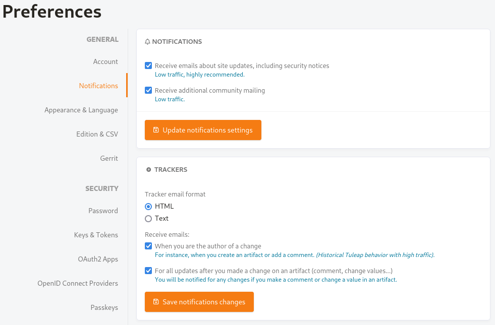 User preferences for Tracker e-mail notifications. It shows a section named "Receive emails" with two checkboxes. The first one is labeled "When you are the author of a change" with a help text "For instance, when you create an artifact or add a comment. (Historical Tuleap behavior with high traffic).". The second is labeled "For all updates after you made a change on an artifact (comment, change values...)" with a help text "You will be notified for any changes if you make a comment or change a value in an artifact.".